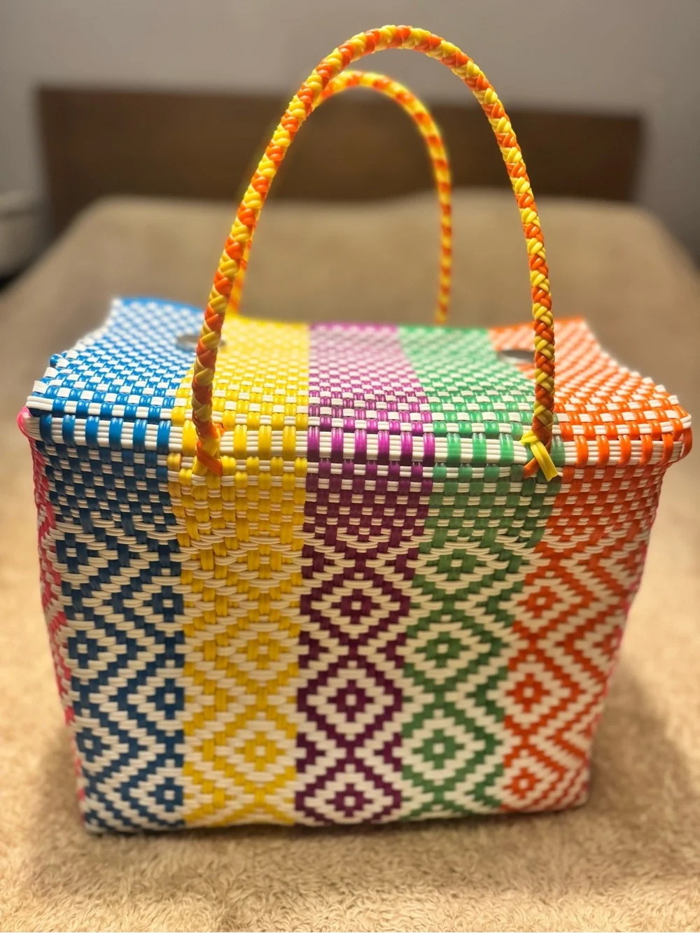 Rainbow Stripe Handwoven Picnic Tote bag